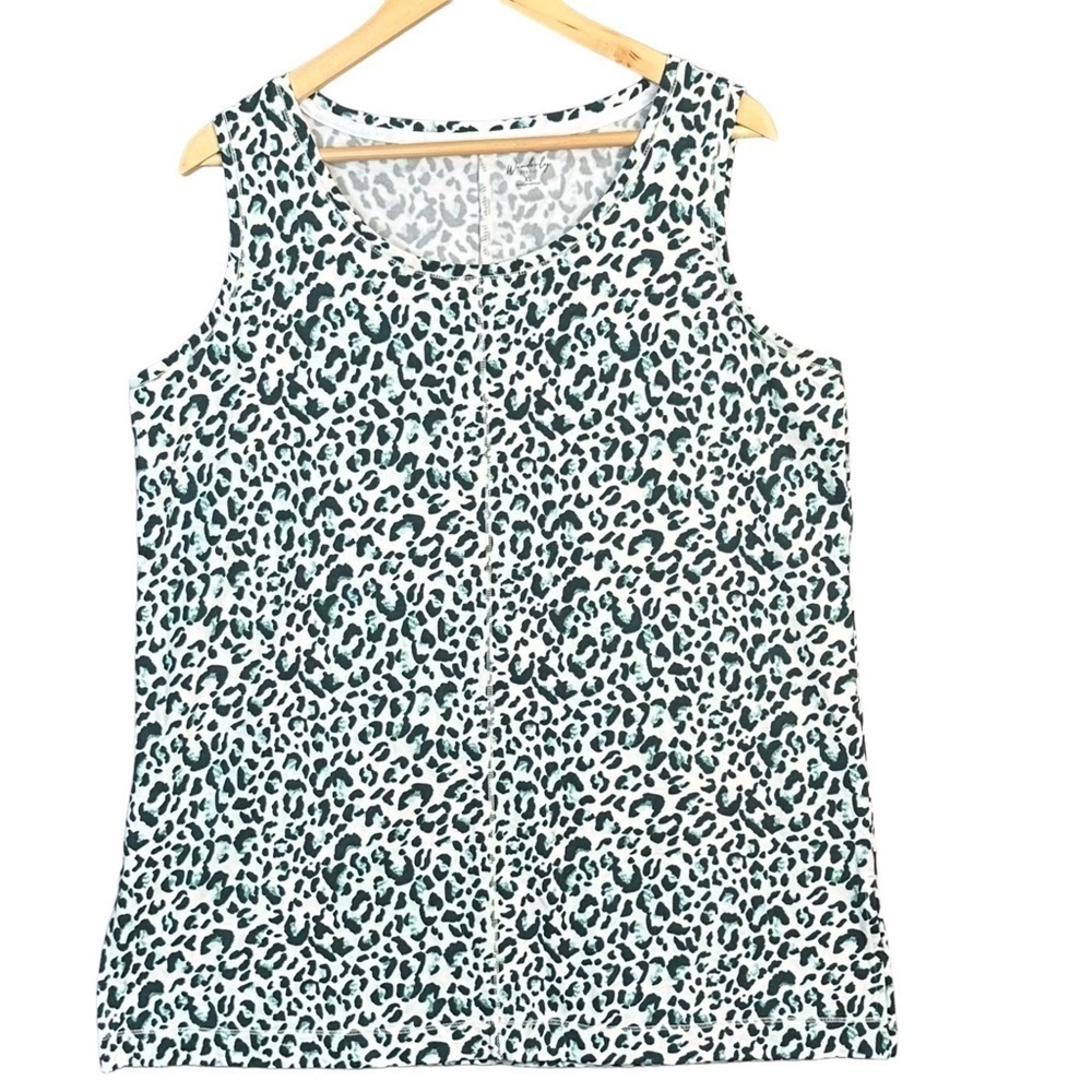 Wonderly Black Green Scoop Neck Leopard Print Stretch Sleeveless Tank Top sz XL